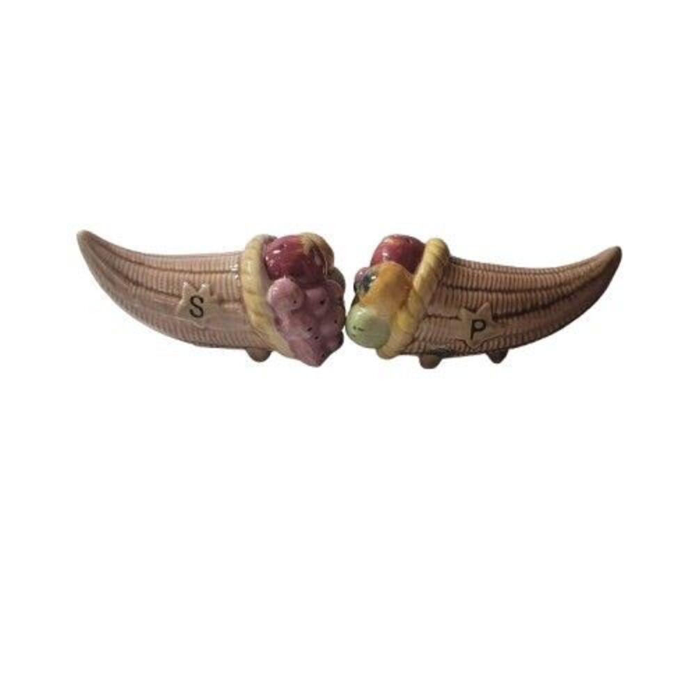 Tilso Japan Cornucopia Fruit Basket Salt & Pepper Shakers • Vintage Ceramic